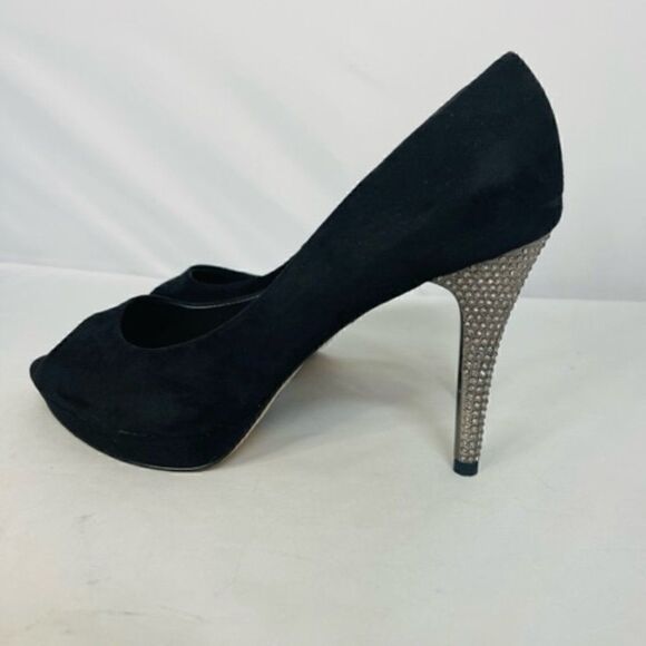 Nina "Faiza - FY" Women's 8.5 True Black Suede Embellished Peep Toe Trendy Heels - Picture 1 of 8